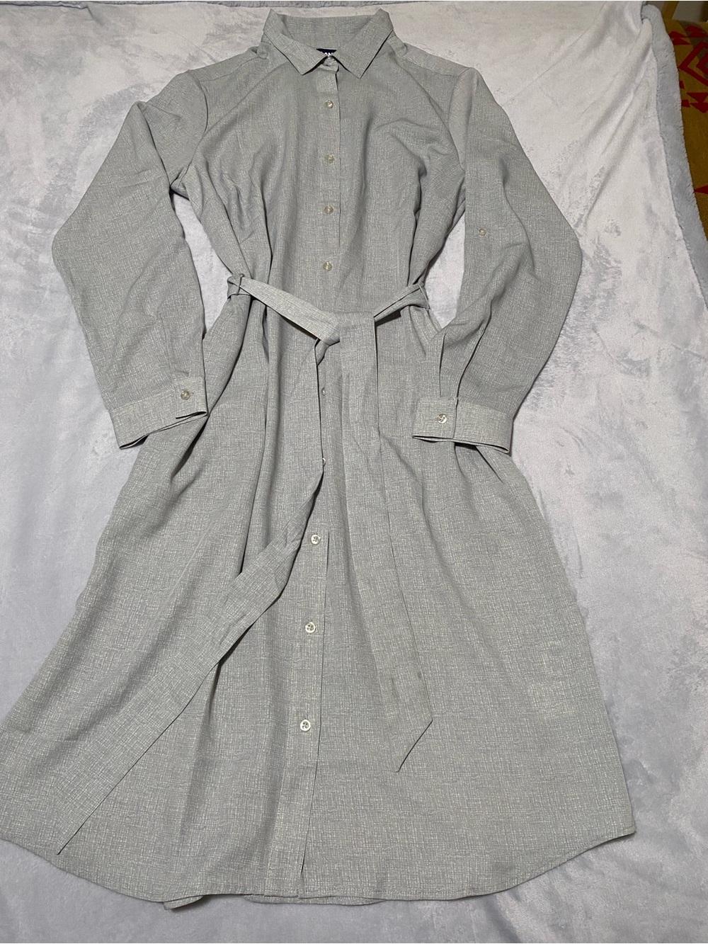 Lands' End Light Gray Button-Front Shirt Dress with Tie Waist